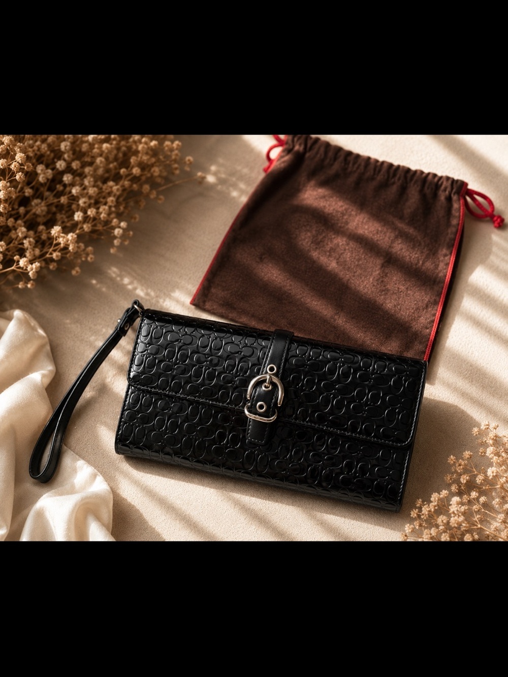 Coach Black Patent Signature Wristlet Clutch with Buckle Accent